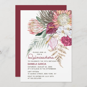 Protea Watercolor Floral Bouquet Quinceañera Einladung