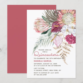 Protea Watercolor Floral Bouquet Quinceañera Einladung