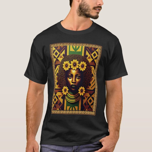 Proud Afro Woman with Floral and African Pattern T-Shirt (Vorderseite)