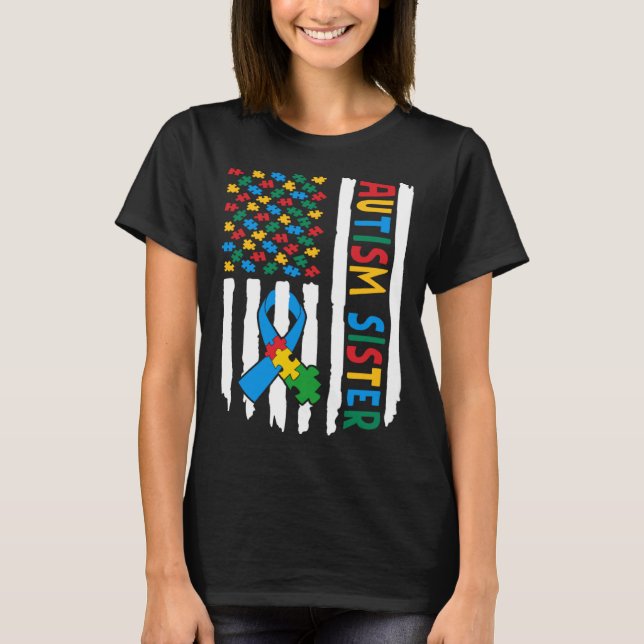 Proud Autism Sister USA Flag Puzzle Piece Autismus T-Shirt (Vorderseite)