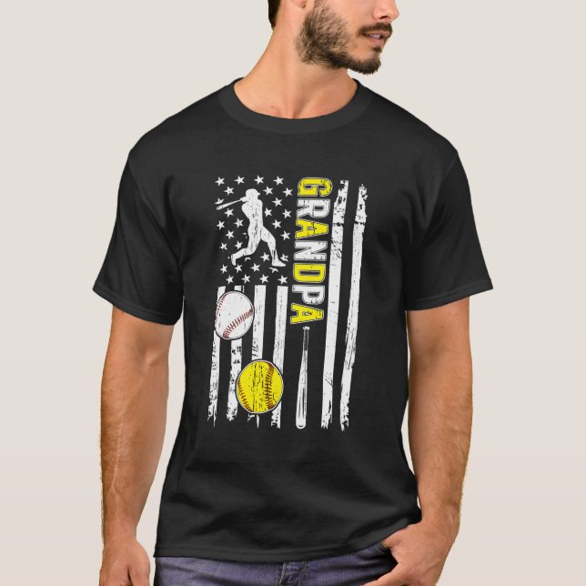Proud Baseball Softball Grandpa American Flag T-Shirt (Vorderseite)