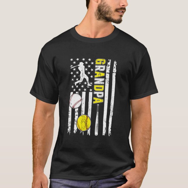Proud Baseball Softball Grandpa American Flag T-Shirt (Vorderseite)