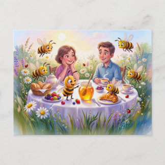 Proud bees circling breakfast honey in comic illus postkarte