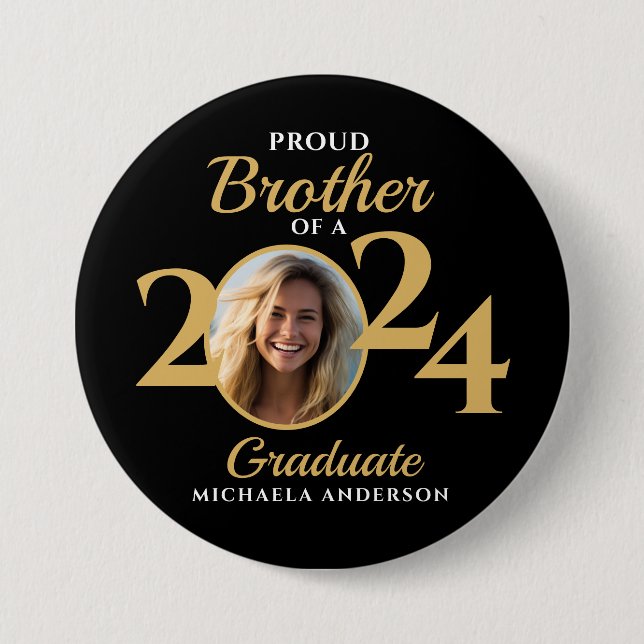 Proud Brother of a Graduate Foto & Name 2024 Button (Vorderseite)