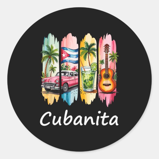 Proud Cubanita Cuban Flag Guitar Mojito Car Design Runder Aufkleber (Vorderseite)