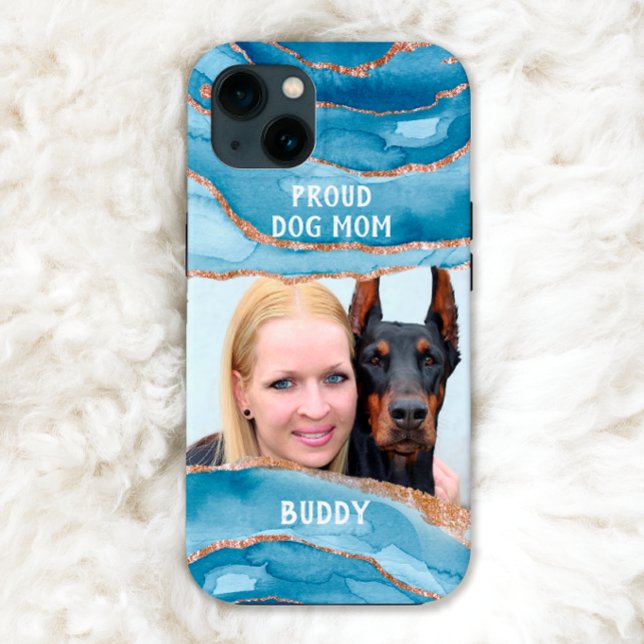 Proud dog Mama Foto Elegante Moderner Glitzer Blau Case-Mate iPhone Hülle (Von Creator hochgeladen)
