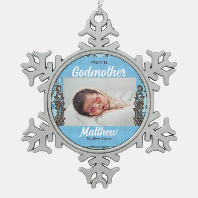 Proud Godmutter Blue und Brown Foto Schneeflocken Zinn-Ornament (Vorderseite)