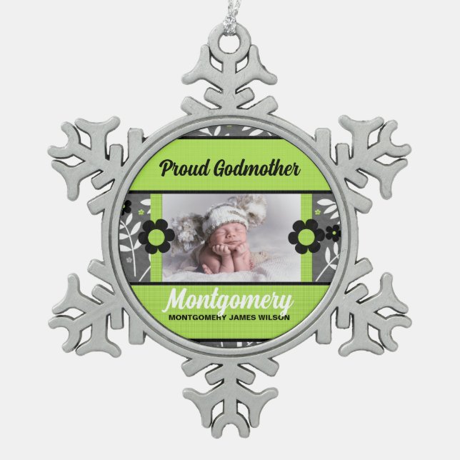 Proud Godmutter Green und Grau Foto Schneeflocken Zinn-Ornament (Vorderseite)