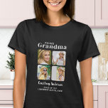 Proud GRANDMA Moderne Custom 4 Foto Abschluss T-Shirt<br><div class="desc">Herzlichen Glückwunsch zu Ihrem Enkelkind's Abschluss! Als stolze Oma verdienen Sie es, Ihre Liebe und Unterstützung mit einem personalisierten T - Shirt zu zeigen. Dieses Retro-moderne Design verfügt über eine Collage aus Foto, in der vier Ihrer bevorzugten Erinnerungen mit Ihrem Absolvent präsentiert werden. Dieses Shirt ist für alle Senioren, die...</div>