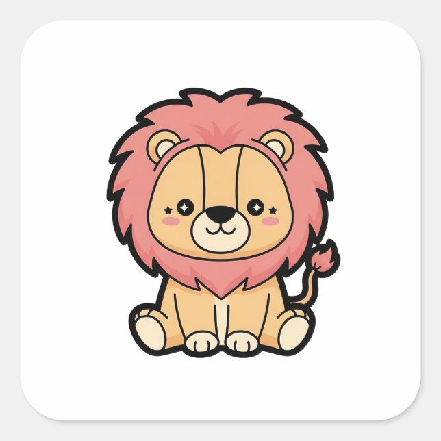 Proud Lion – Cute Kawaii Animal Illustration Quadratischer Aufkleber (Vorderseite)