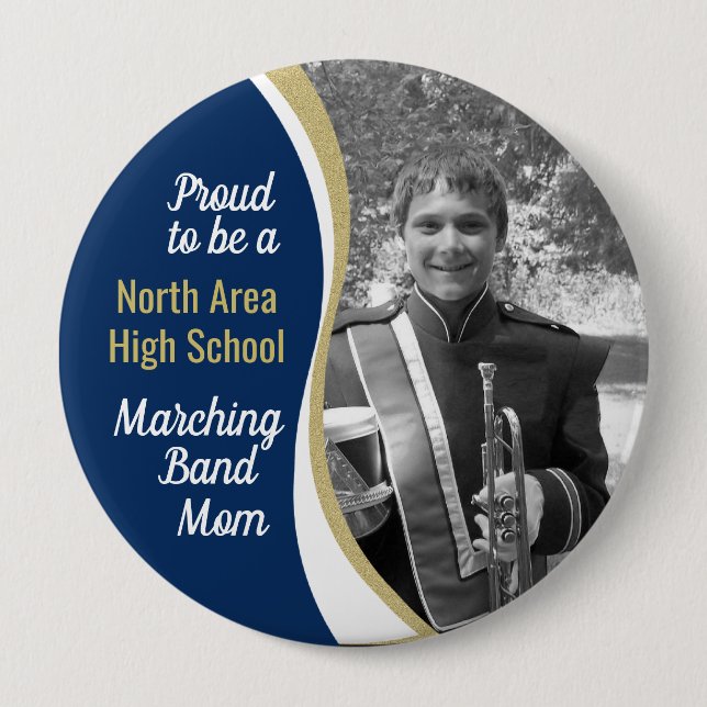 Proud Marching Band Mama mit Foto Blue Gold Button (Vorderseite)