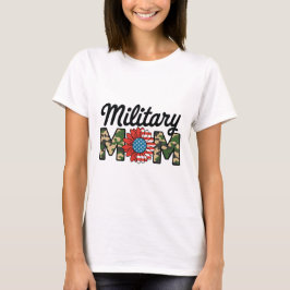 Proud Military Mom Camo and American Flag Design T-Shirt