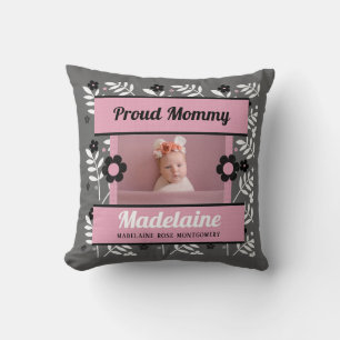 Proud Mommy Pink Floral Name und 2 Fotos Kissen