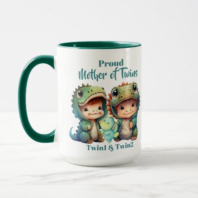 Proud Mutter von Twins Boys Dinosaur Kostüme Grün Tasse (Links)