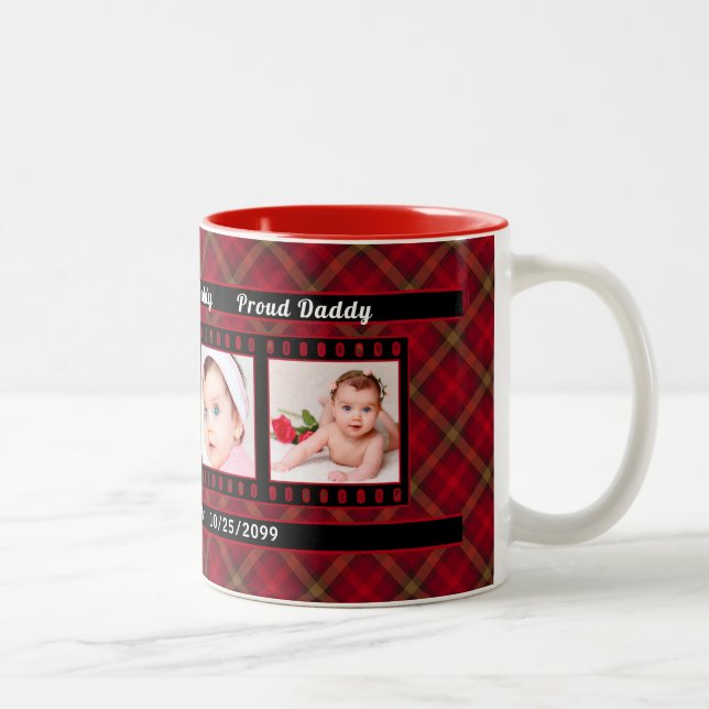 Proud New Daddy Red Kariert mit Black 4 Foto Zweifarbige Tasse (Rechts)