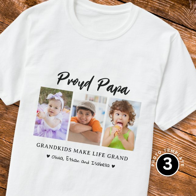 Proud Papa Grandkids Make Life Grand 3 Foto T-Shirt (Von Creator hochgeladen)