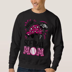 Proud Softball Mama Messy Bun Leopard Pink Women Sweatshirt