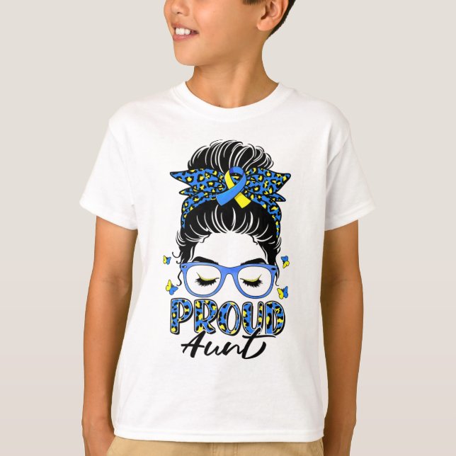 Proud T21 Tante Leopard Messy Bun Down Syndrome Aw T-Shirt (Vorderseite)