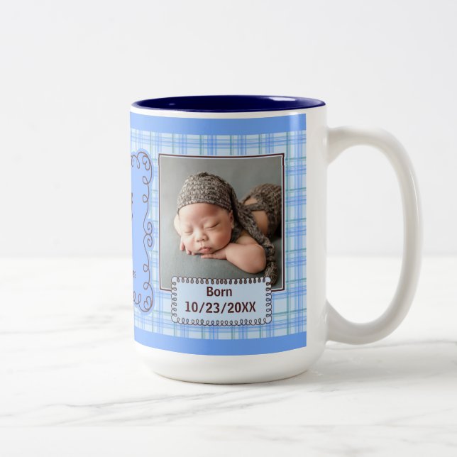 Proud Tante Boy's Blue Kariert mit Baby Fotos Zweifarbige Tasse (Rechts)
