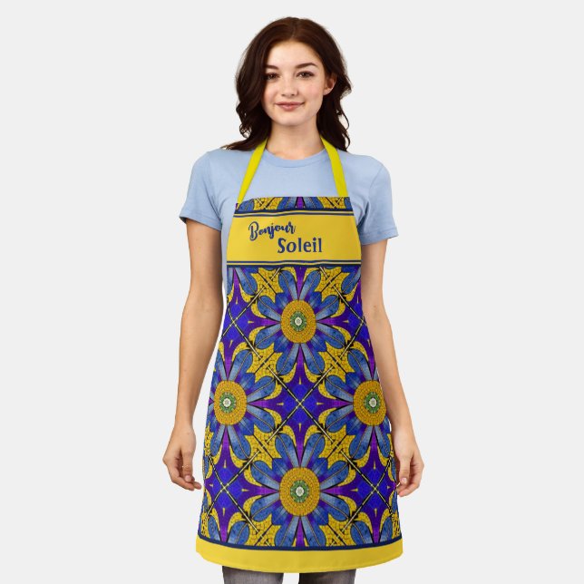 Provencal Kitchen Blue & Yellow - Bonjour Soleil Schürze (Getragen)