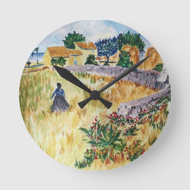 Provence Bauernhof im Stil von Van Gogh Runde Wanduhr (Vorderseite)