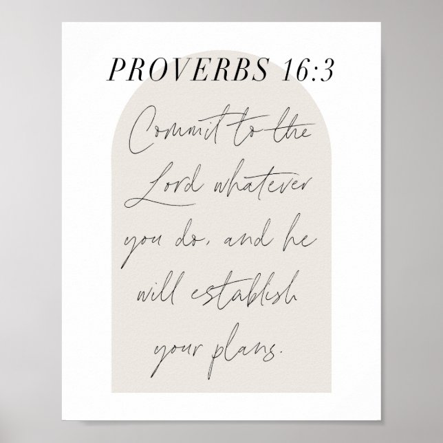 Proverbs 16:3 Minimal Boho Beige Arch Script Poster (Vorne)