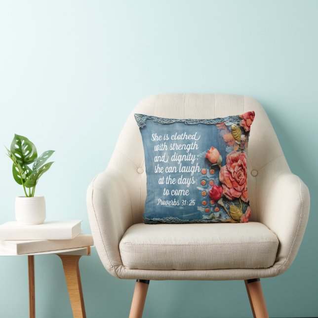 Proverbs 31:25 Throw Pillow Inspiring Bible Verse Kissen (Stuhl )