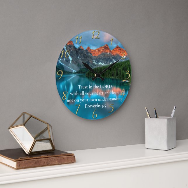 Proverbs 3:5 schöne Aussicht auf den Berg See Große Wanduhr (Büro)