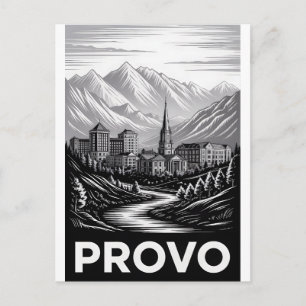 Provo Utah Skyline Schwarz Weiß Holzschnitt Feiertagspostkarte