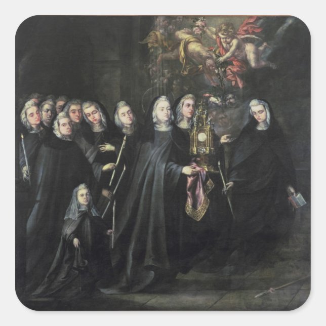 Prozession des heiligen Clare mit dem Eucharisten Quadratischer Aufkleber (Vorderseite)