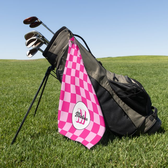 Prüflichtes, heißrosa geometrisches Retro-Monogram Golfhandtuch (Gras)