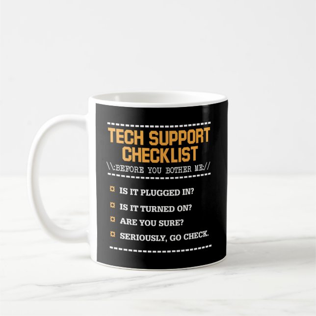 Prüfliste für den technischen Support Computergeek Kaffeetasse (Links)