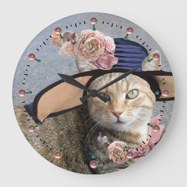 PRÜFSTATUS/ELEGANTE KATZE, GROSSE DIVA HAT UND ROS GROßE WANDUHR (Vorderseite)