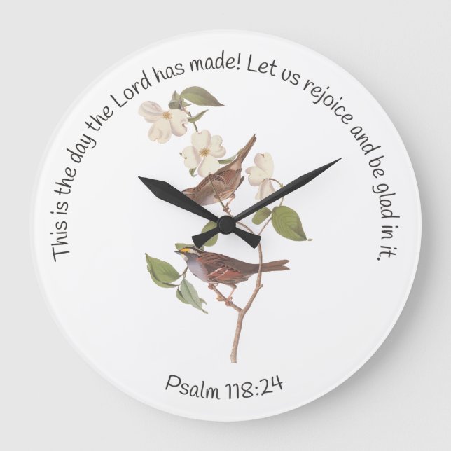 Psalm 118:24 Bibelverse und Sparrow-Paar Große Wanduhr (Vorderseite)