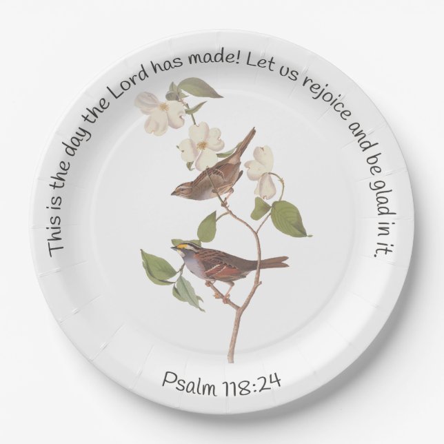 Psalm 118:24 Bibelverse und Sparrow-Paar Pappteller (Vorderseite)