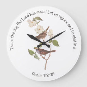 Psalm 118:24 Bible Verse and Sparrow Pair Große Wanduhr