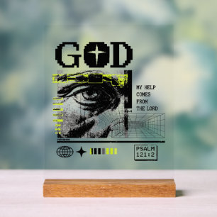 Psalm 121:2 Neon-Lime Auge Gottes CRT-Glitch-Art Acrylschild