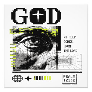 Psalm 121:2 Neon-Lime Auge Gottes CRT-Glitch-Art Fotodruck