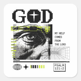Psalm 121:2 Neon-Lime Auge Gottes CRT-Glitch-Art Quadratischer Aufkleber