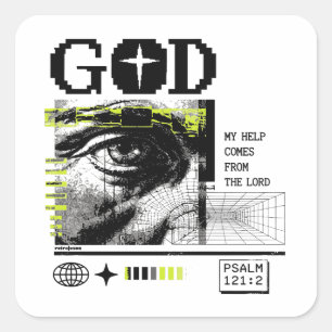 Psalm 121:2 Neon-Lime Auge Gottes CRT-Glitch-Art Quadratischer Aufkleber