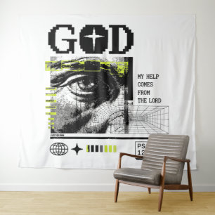Psalm 121:2 Neon-Lime Auge Gottes CRT-Glitch-Art Wandteppich