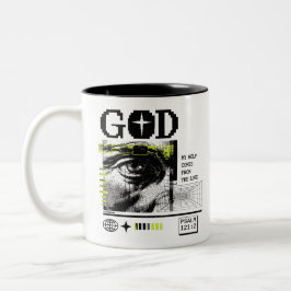 Psalm 121:2 Neon-Lime Auge Gottes CRT-Glitch-Art Zweifarbige Tasse