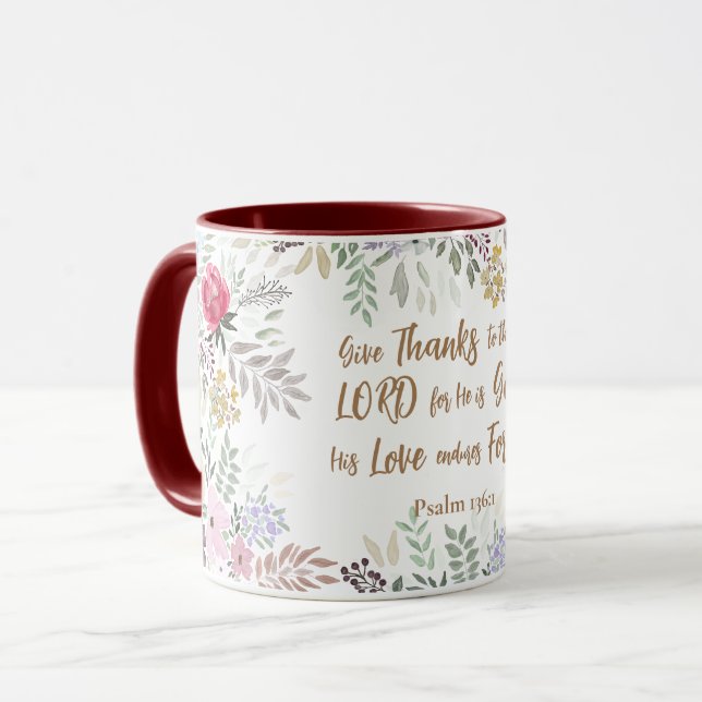 Psalm 136:1 Danke an den Herrn Floral Tasse (Vorderseite Links)