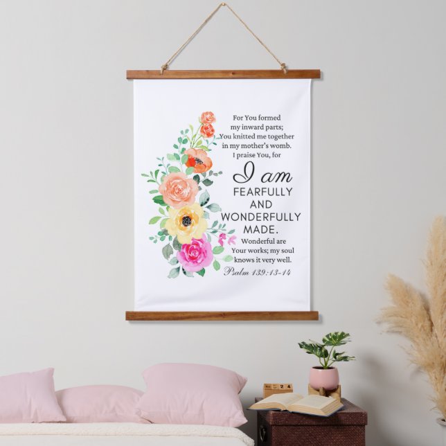 Psalm 139:13-14 Wunderbar Made Floral Christian Wandteppich Mit Holzrahmen (Schlafzimmer)