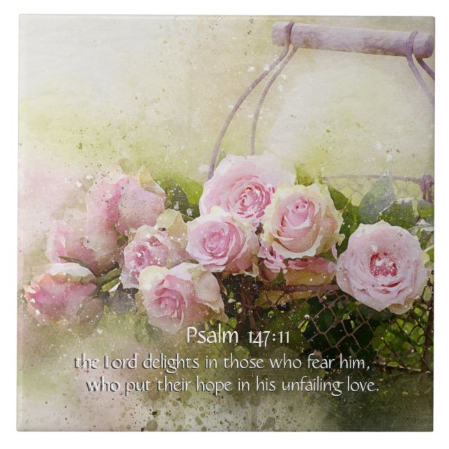 Psalm 147:11, Bibelverse, Korb der rosa Rosen, Fliese (Vorderseite)