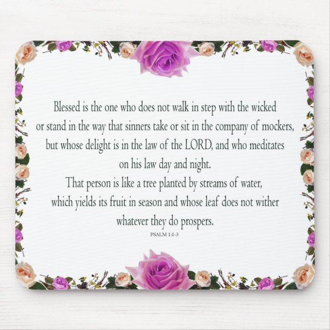 Psalm 1 Art - Gesegnet Recht mit Blumendesign Mousepad (Vorne)