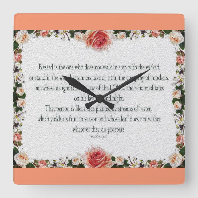 Psalm 1, Blumengrenzen, Öl, gesegnet ist derjenige Quadratische Wanduhr (Vorderseite)