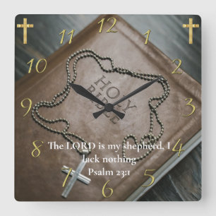 Psalm 23:1 Heilige Bibel mit Silberkreuz darauf Quadratische Wanduhr