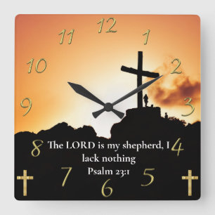Psalm 23:1 Kreuz auf einem Berg Quadratische Wanduhr