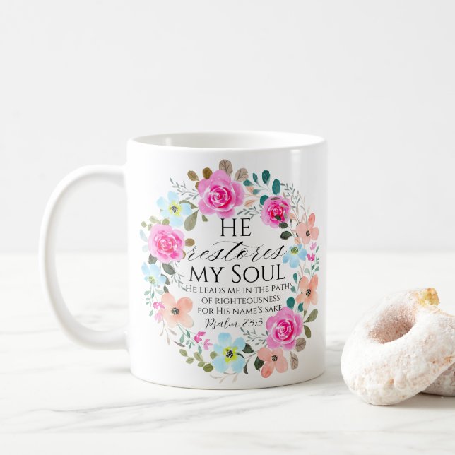 Psalm 23:3 - Er stellt mein Soul Pink Floral Bible Kaffeetasse (Mit Donut)